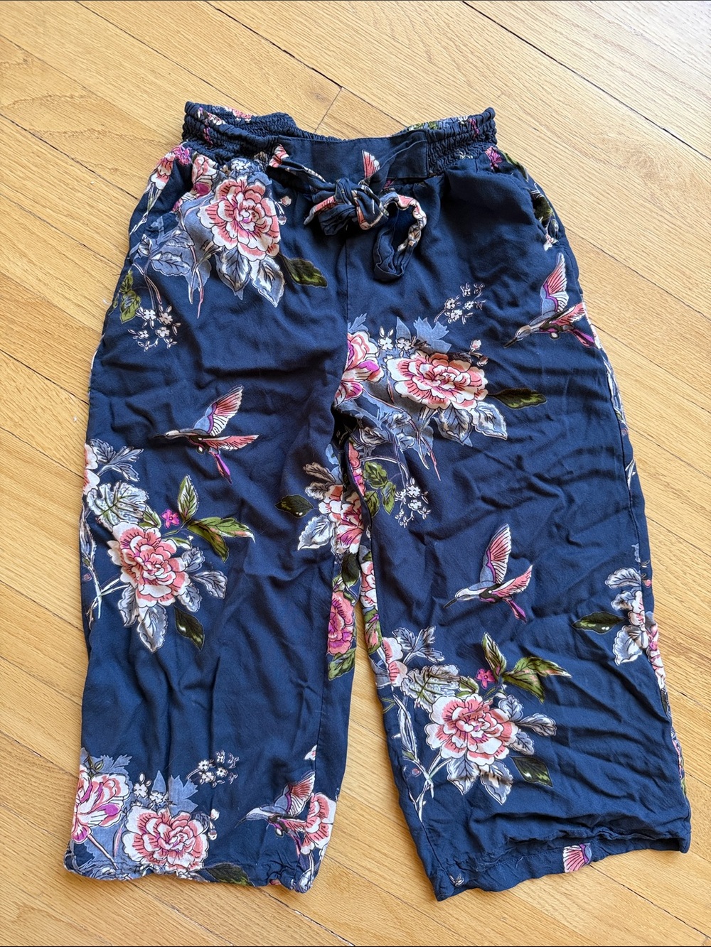 Angie Navy Floral Wide-Leg Pants with Drawstring
